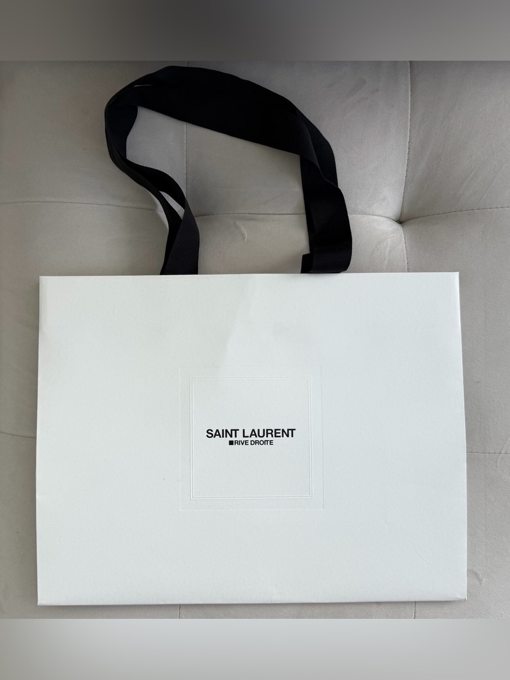 Saint Laurent White Tote Shopping Bag with Black Ribbon Handles